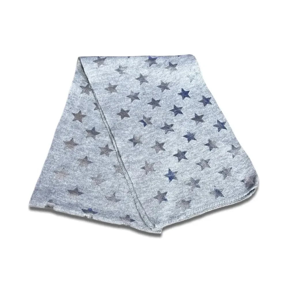 Gray Star Print Knit Scarf Soft Lightweight Neutral Silver Metallic Warm Winter